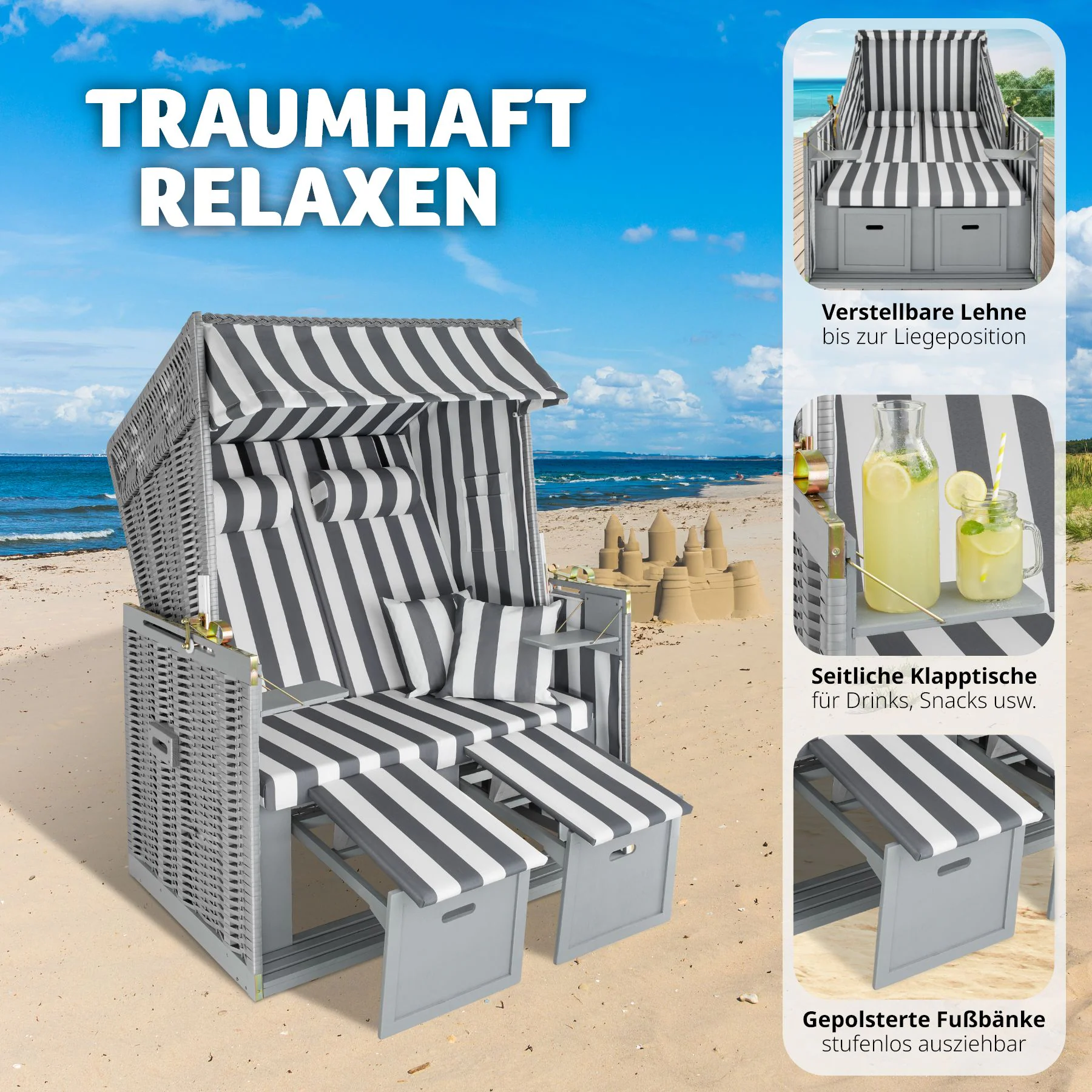 tectake® Strandkorb, gepolstert mit ausziehbaren Fußbänkchen, klappbare Seitentische und weitere Extras, 115 x 158 x 78 cm