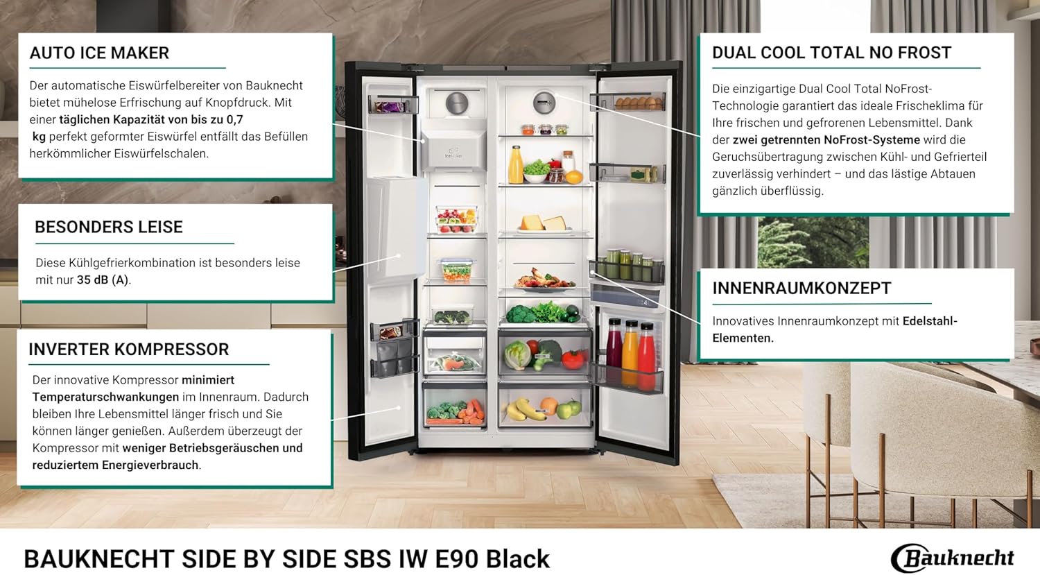 Bauknecht SBS IW E90 Black Side by Side Kühl-Gefrierkombination/ 25 Jahre nachgewiesene Zuverlassigkeit und Lebensdauer-Inverter Kompressor/Wasser- und Eiswürfelspender/Dual Cool Total NoFrost