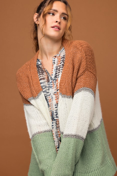 Strickjacke, Boxy Fit, Blockstreifen, V-Ausschnitt, Langarm