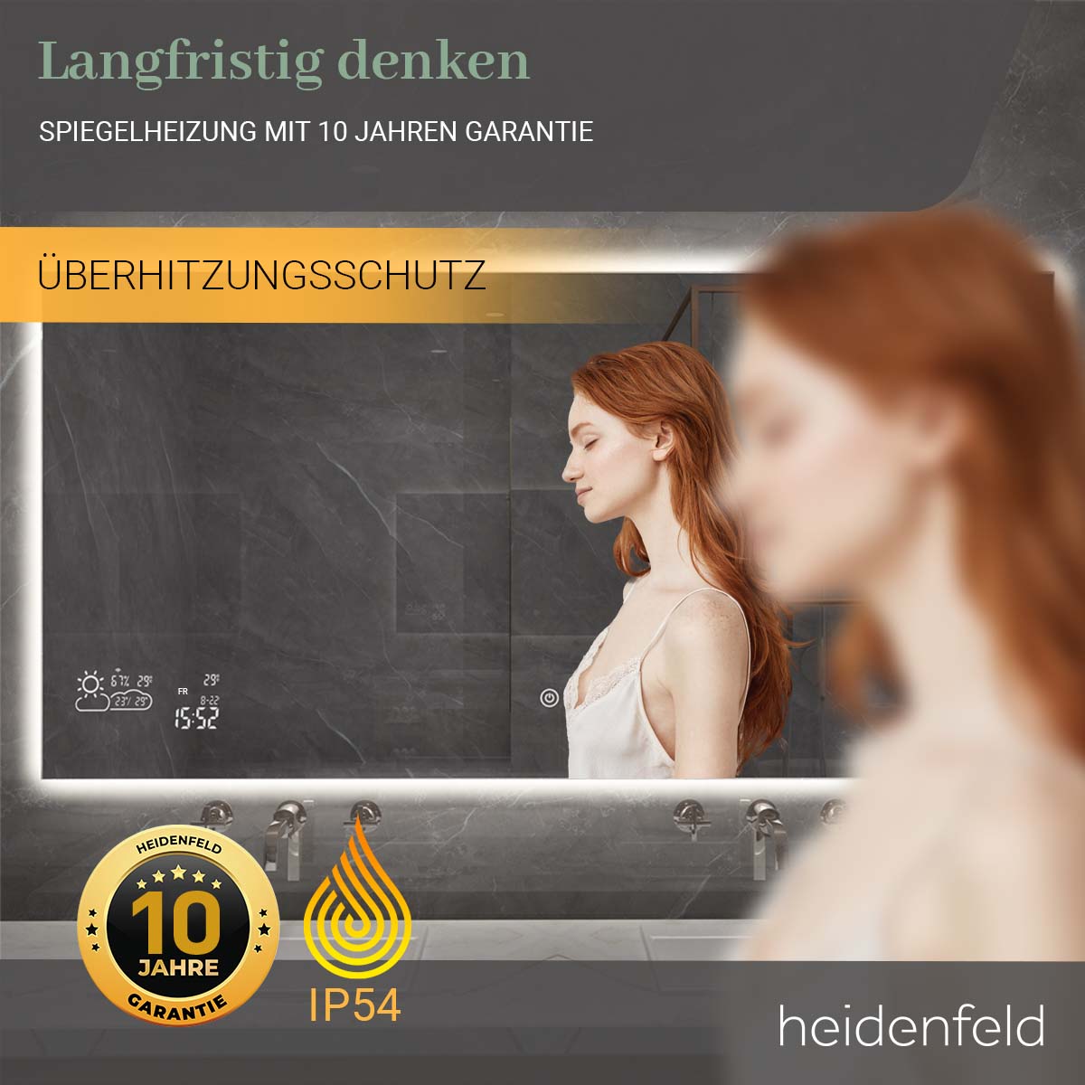 Heidenfeld Infrarot-Spiegelheizung HF-HS200, Wetteranzeige, LED-Licht, 200-500 Watt, Anti-Beschlag (500 Watt)