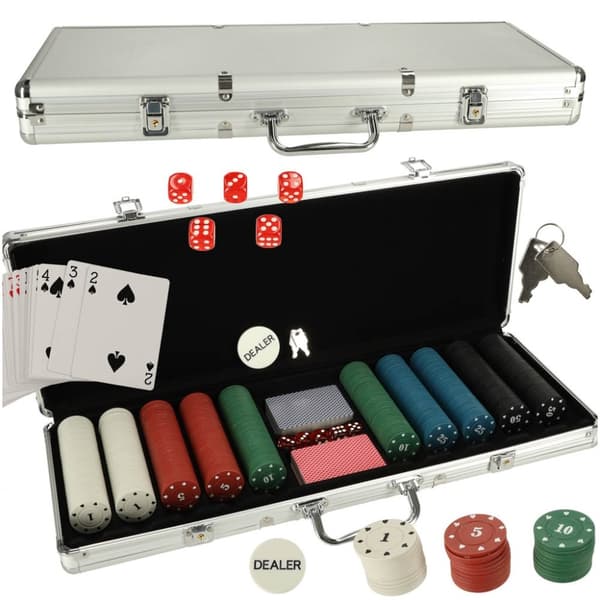 Pokersett i etui 500 sjetonger 2 pakker med kort