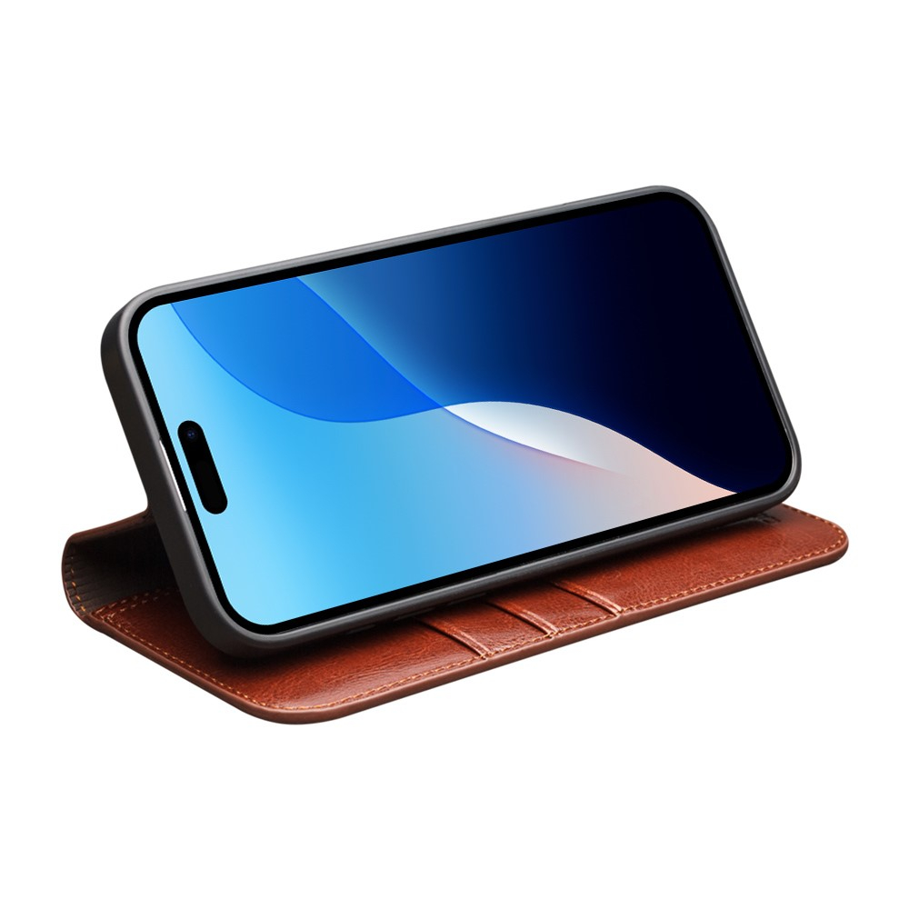 iPhone 16 Pro Echtleder Tasche Flip Wallet Cover mit Kartenfächer - Braun