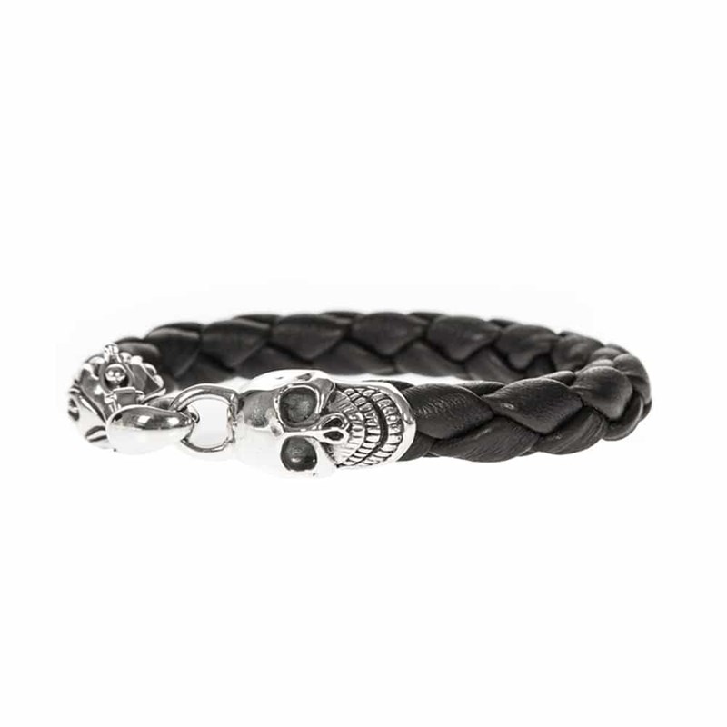 Bracelet Homme Cuir Noir Tête De Mort En Argent