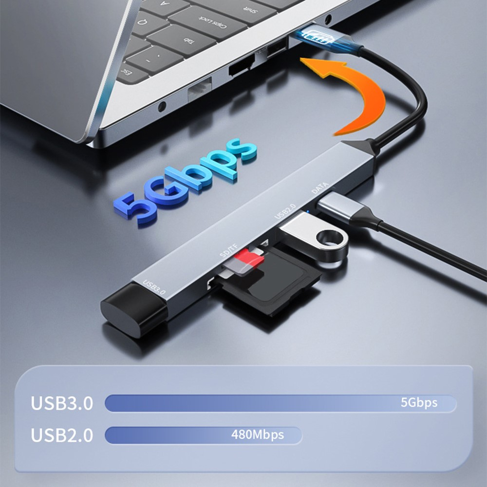 USB C 5 in 1 OTG Multiport Adapter HUB mit 1x USB C (480Mbit/s) / 1x USB 2.0 / 1x USB 3.0 / 1x SD-Kartenleser / 1x MicroSD-Kartenleser - Grau