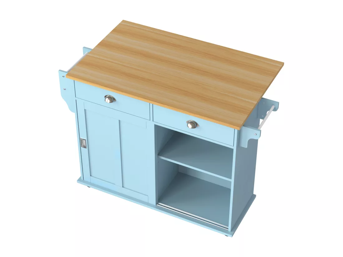 Ilot central de cuisine mobile avec 2 portes coulissantes - plateau extensible - 112x40(70)x94 cm - Bois MDF + métal - Bleu et bois