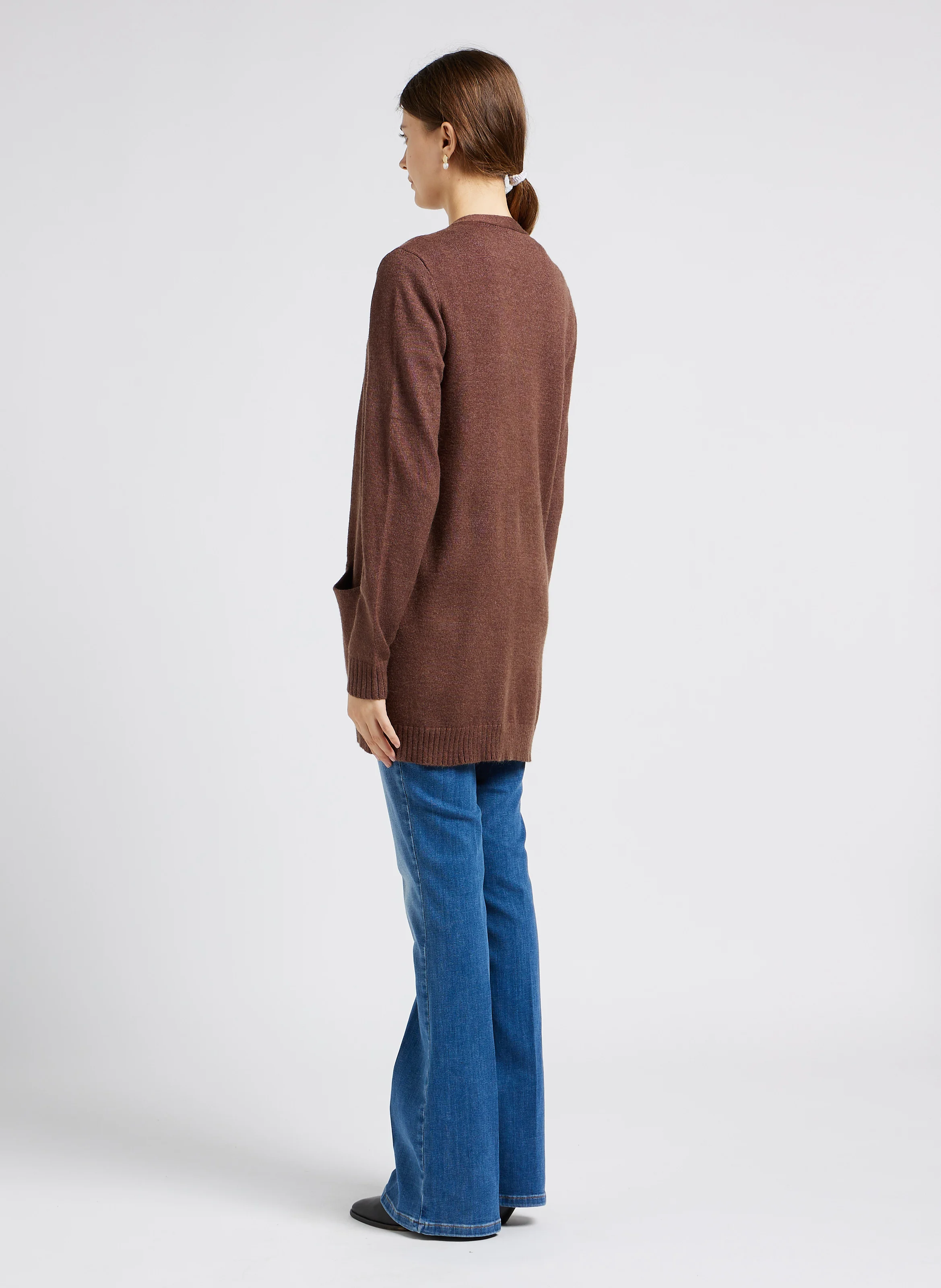 Gilet col châle mi-long à poches en maille mélangée | Marron