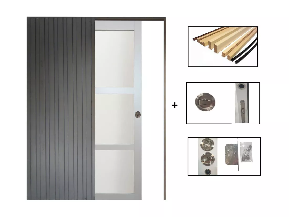 Porte Coulissante Greyria Gris Clair Ral7035 Vitree H204 X L93 + Systeme De Galandage Et Kit Finition Inclus Gd Menuiseries