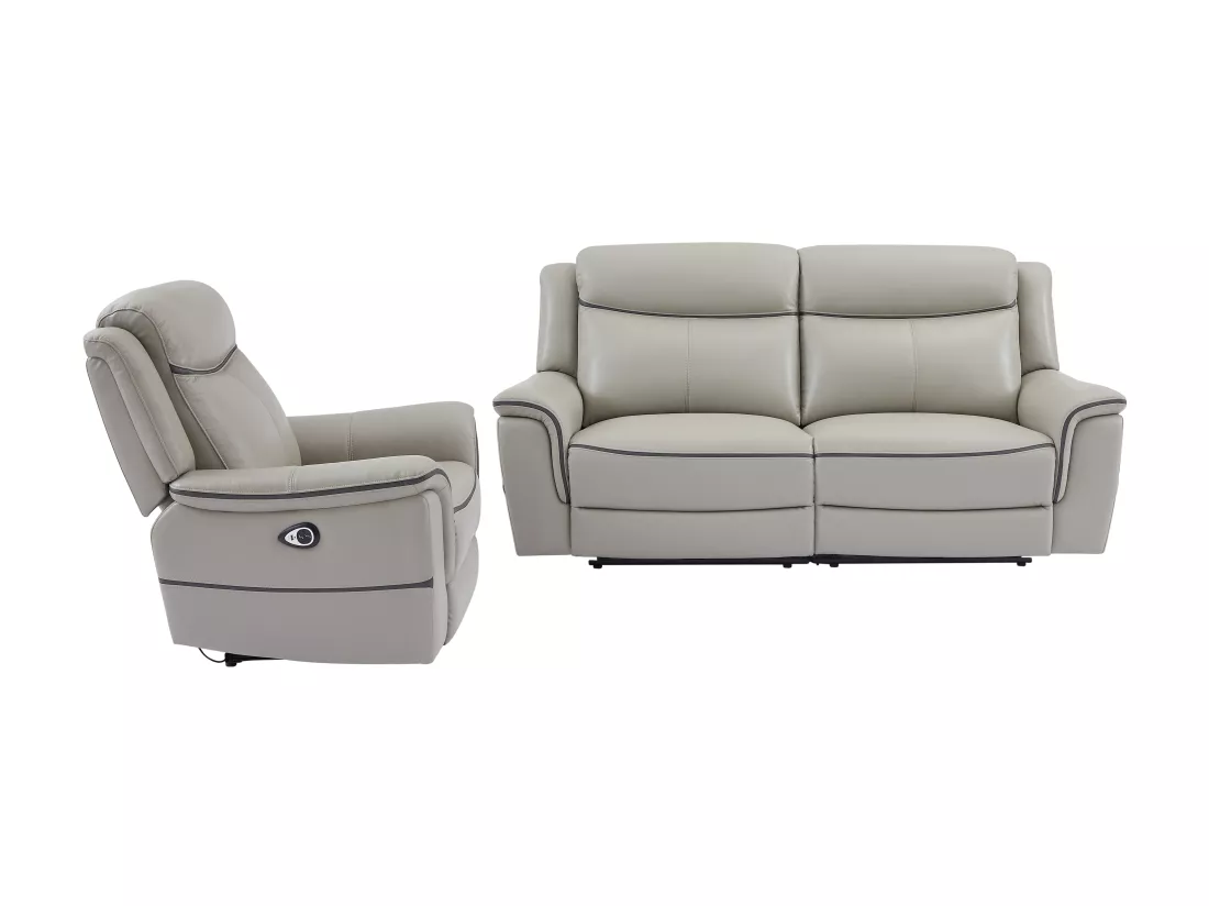 Canapé 3 places et fauteuil relax électrique en cuir gris clair ADELIO