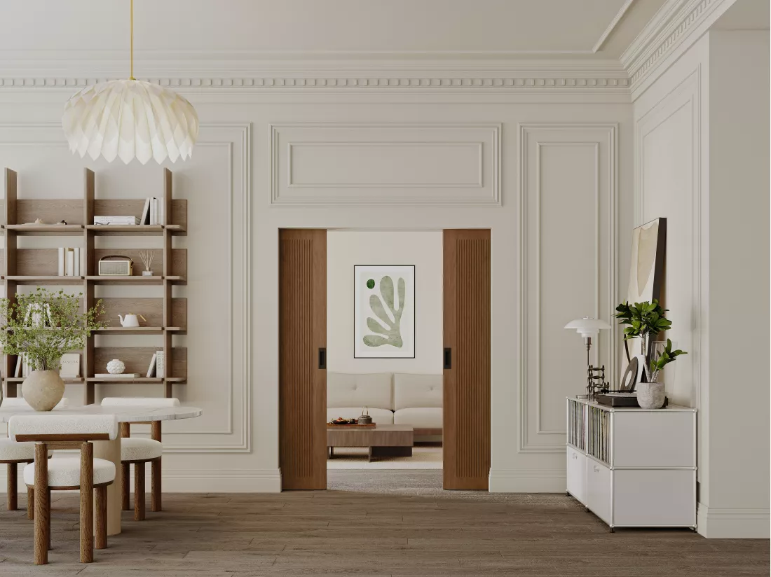 Porte coulissante double avec système à galandage en MDF et bois - naturel foncé - 2 x H205 x L83 cm - SANDORA
