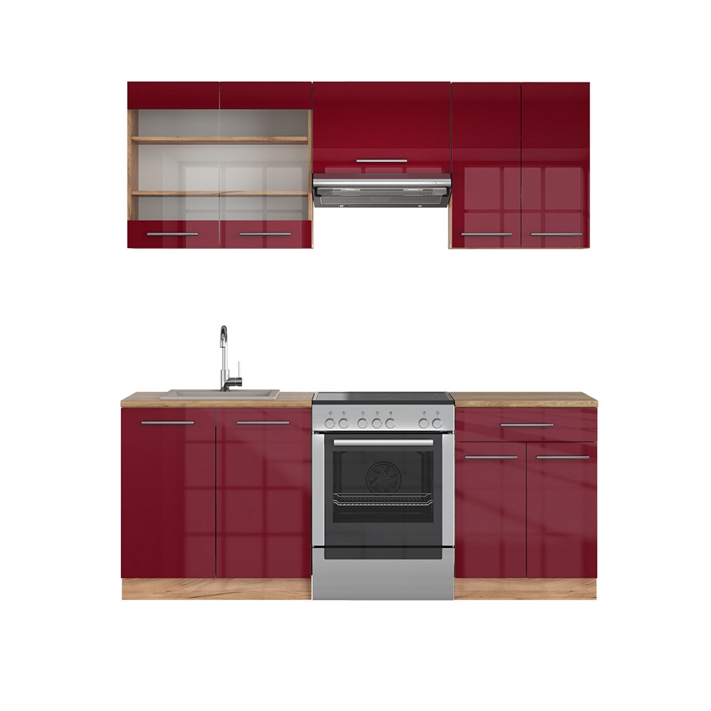 Vicco Küchenzeile Küchenblock Einbauküche Fame-Line Eiche Bordeaux Rot 200 cm modern Küchen Schränke Schubunterschrank Spülenunterschrank Hängeschrank Hängeglasschrank Hochglanz