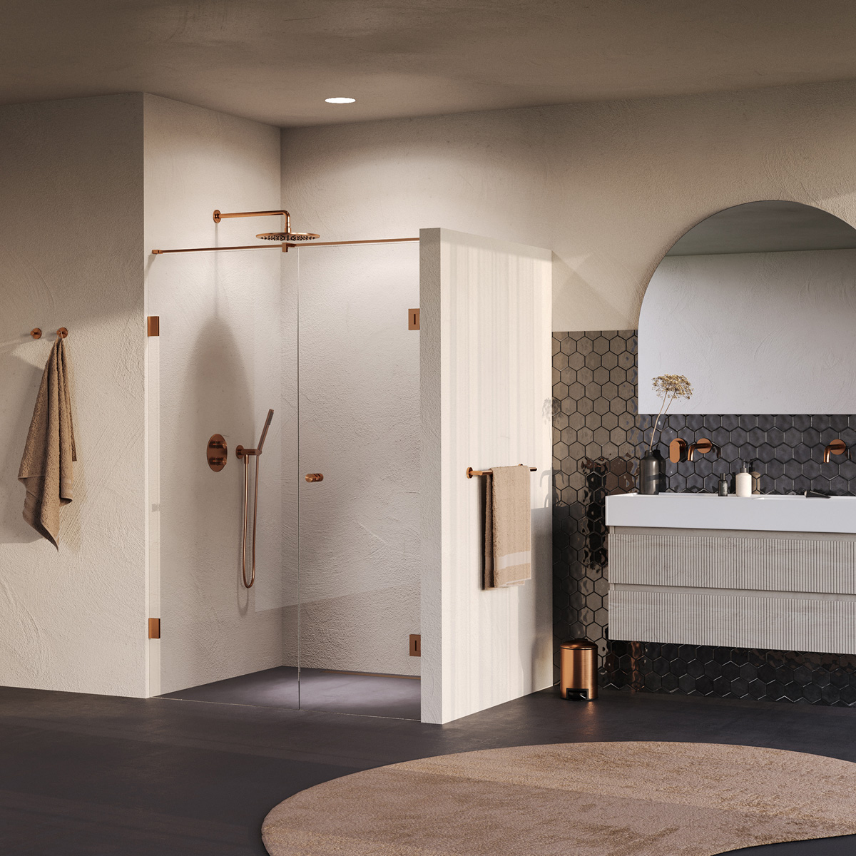 Brauer Void Carving profielloze nisdeur 130cm met draaideur 60cm aan muur koper geborsteld PVD