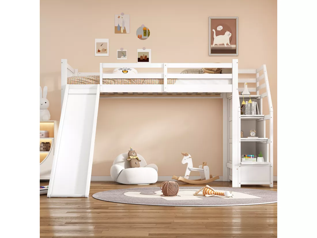 Lit mezzanine 90 x 200 cm avec 3 tiroirs et toboggan - bois de pin + MDF - sommier à lattes - blanc