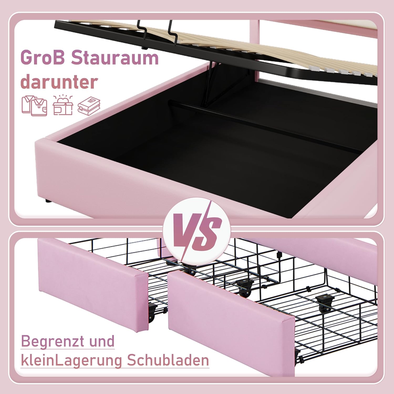 Merax Kinderbett 140x200, Polsterbett für Mädchen Kronen-Doppelbett mit 16 Farben LED-Streifen, Hydraulischer Stauraum, aus PU-Leder Bettrahmen mit Lattenrost(ohne Matratze), Rosa