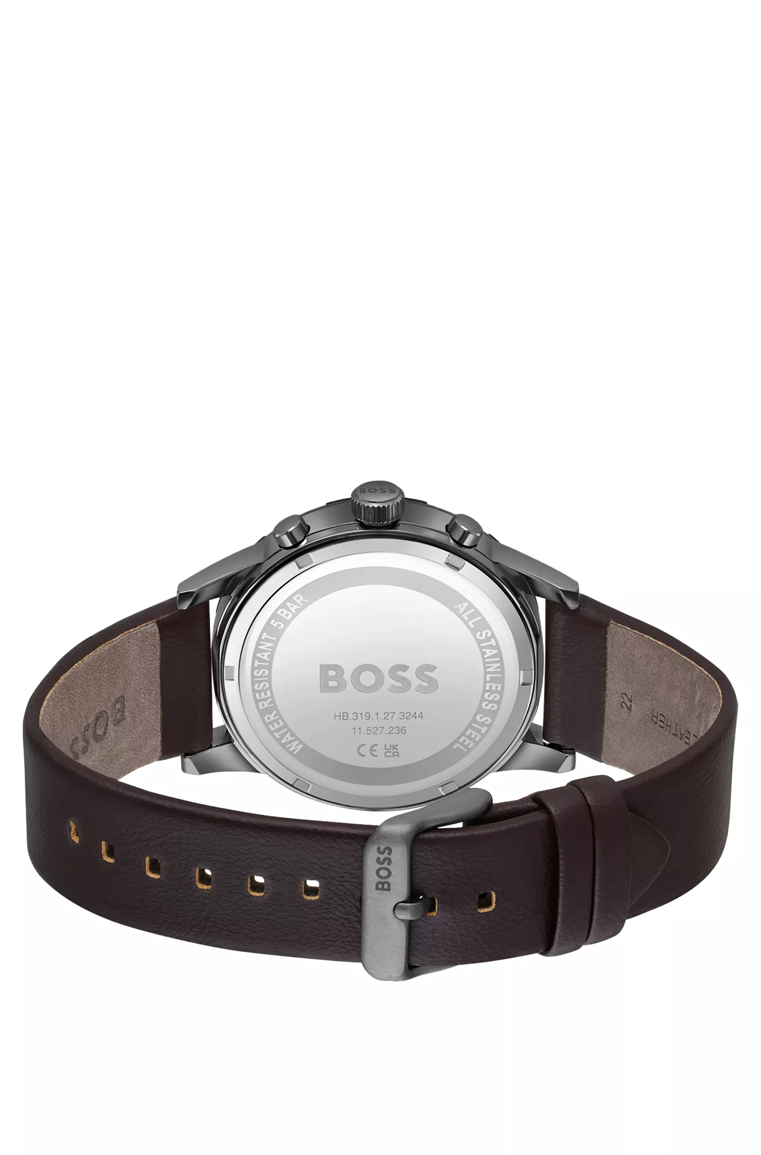 Relógio cronógrafo BOSS com mostrador preto e azul e pulseira de couro marrom.