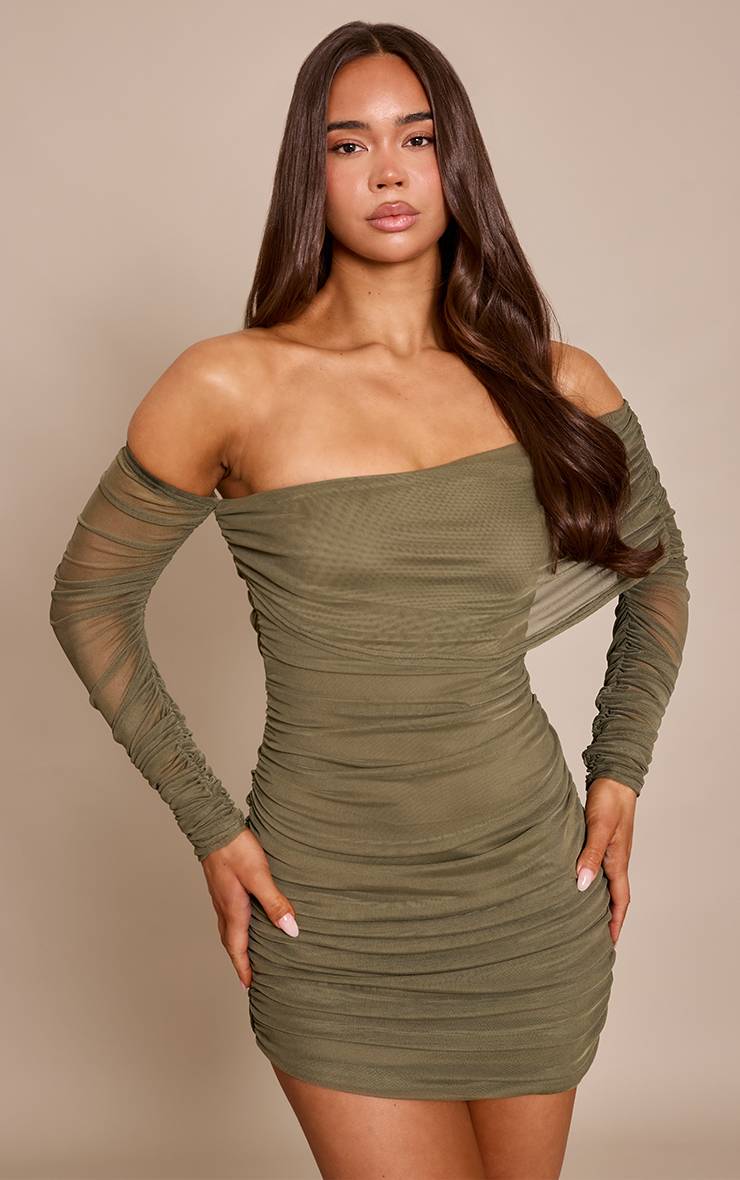 Kaki Robe Mini Asymétrique À Manches Longues En Mesh Superposé