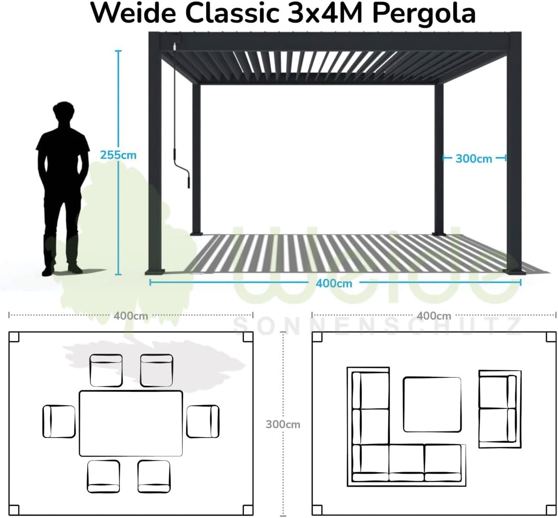 Pavillon Pergola 3x4m Terassenüberdachung freistehend mit Lamellendach verstellbar Gartenpavillon Hardtop wasserdicht stabil winterfest Voll-Aluminium Grillpavillon wetterfest Weide Classic Ivory sand