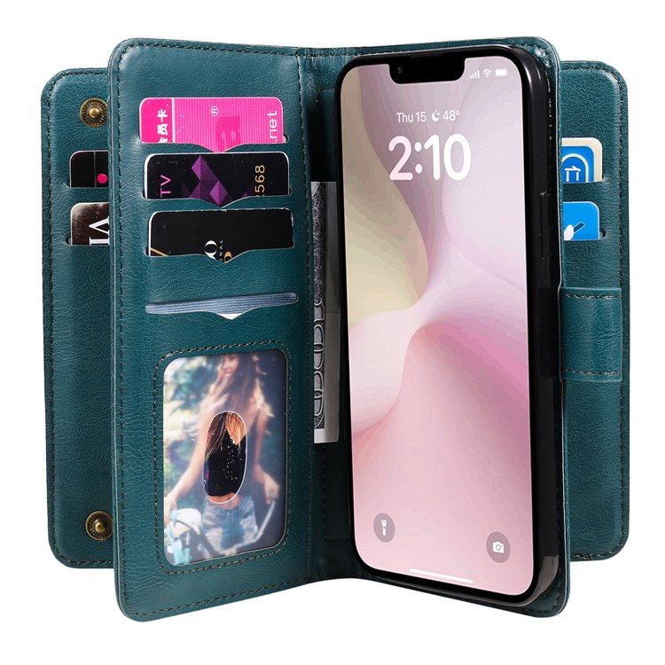 iPhone 16e Leder Tasche Flip Cover Kartenfächer mit Druckknopfverschluss - Grün
