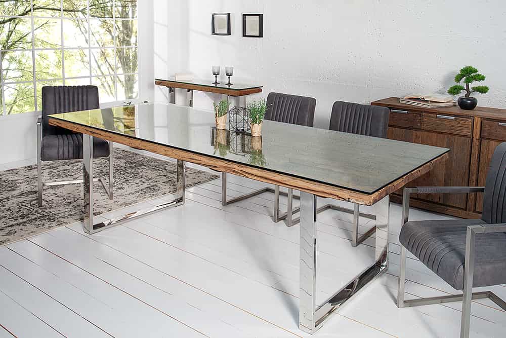 Massiver Esstisch BARRACUDA 240cm antik Teak Holz mit Stahl Kufenfüßen inkl. Glasplatte
