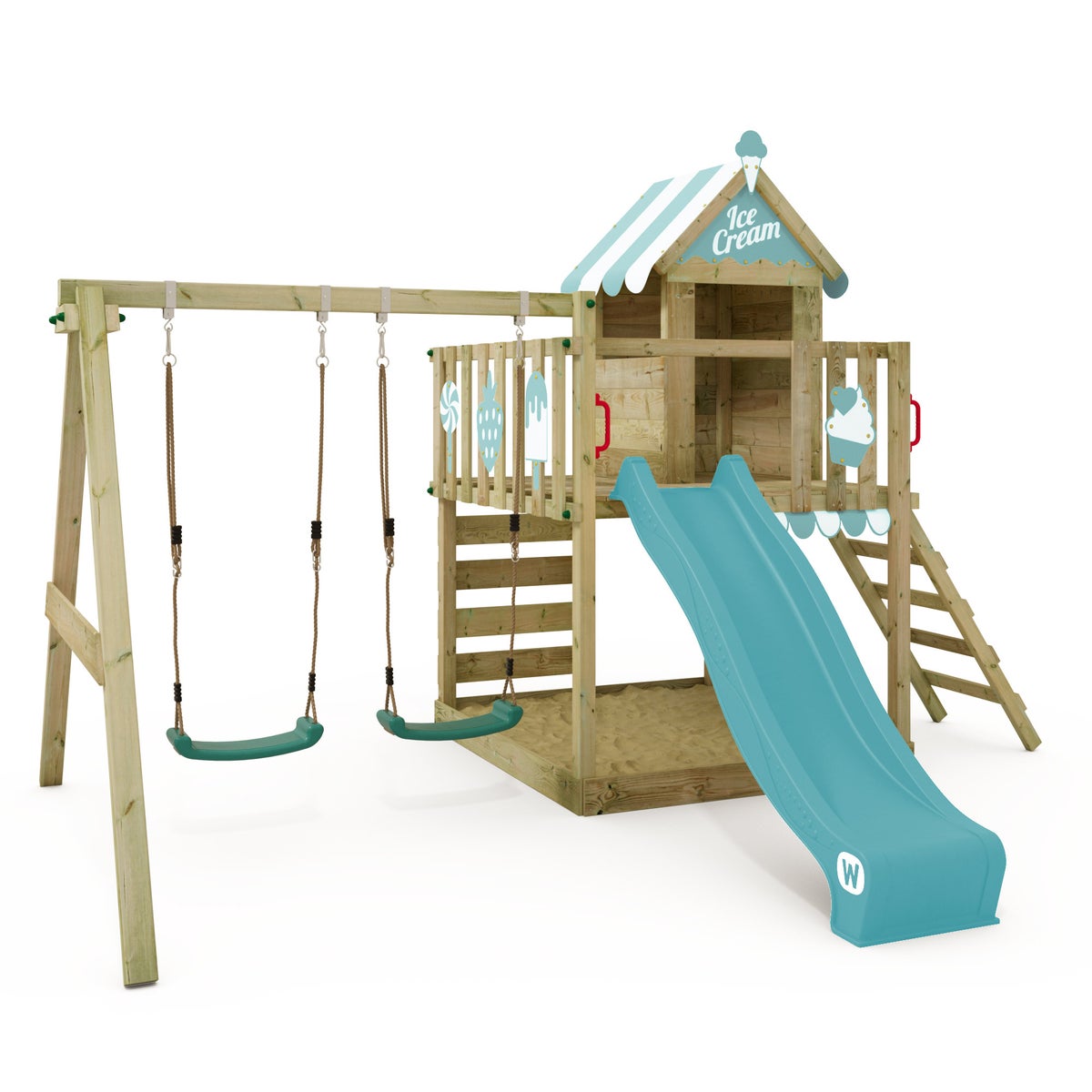 WICKEY Smart Candy speeltoren klimtoestel met schommel en glijbaan, boomhut met zandbak, klimladder en speelaccessoires – pastelblauw