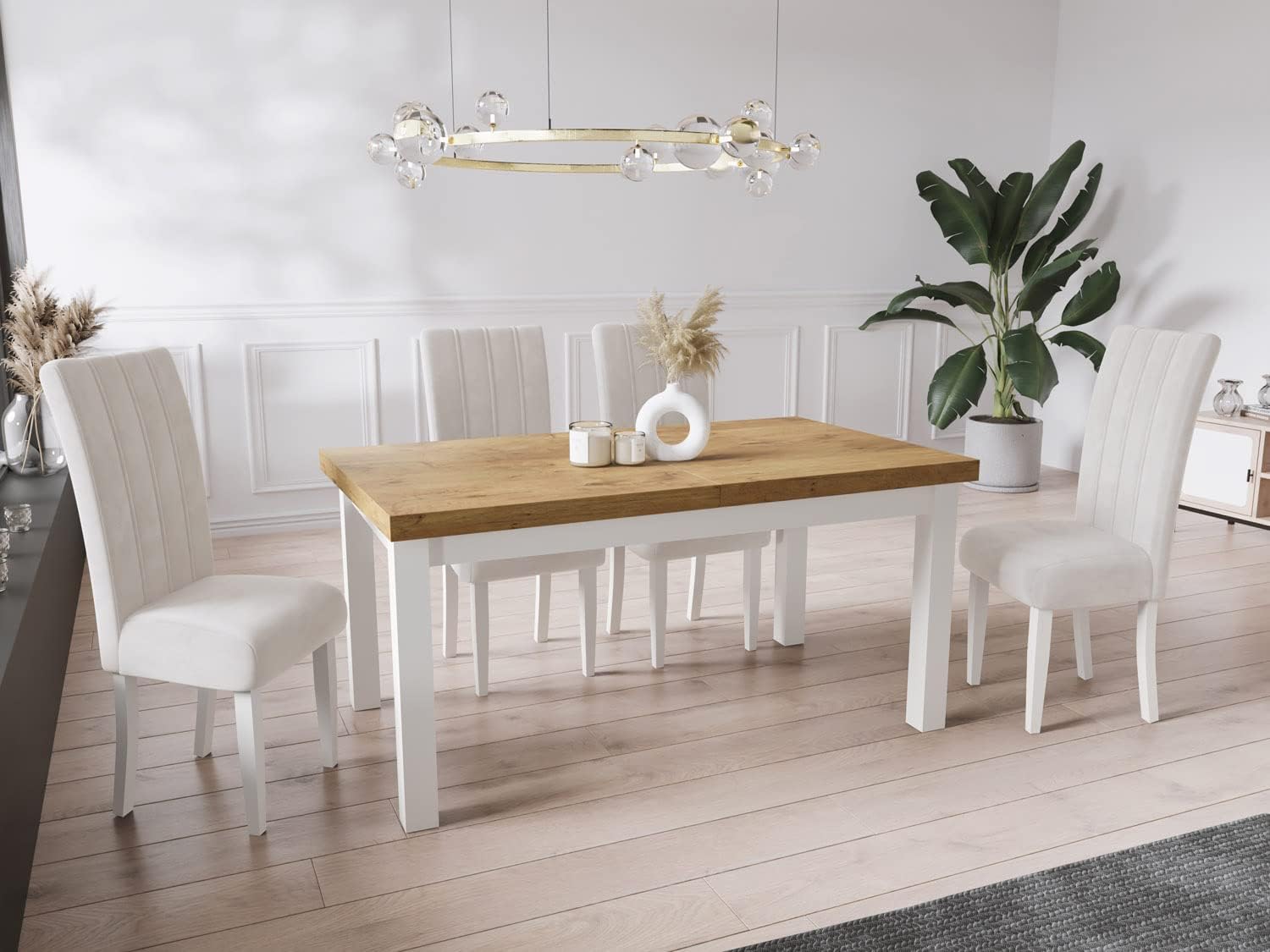 WFL GROUP Moderner Rechteckiger Ausziehbarer Esstisch - Platzsparend - Weißen Holzbeine - 140 bis 180 cm - Hergestellt in EU - 140 x 80 cm - Lancelot Eiche