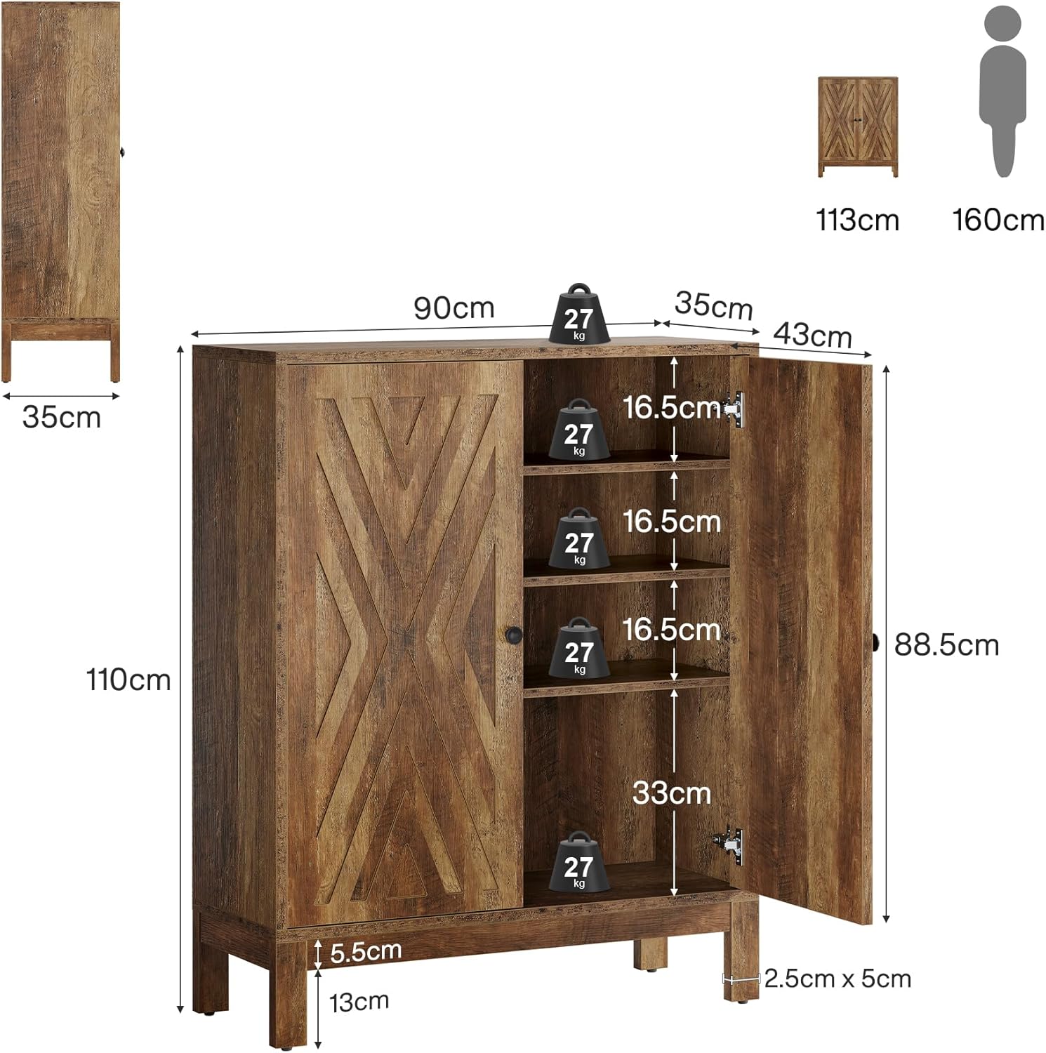 Tribesigns 2-türiger Schuhschrank, 5-stöckiges freistehendes Schuhregal mit verstellbaren Böden, Höhe 110 cm, für Eingangsbereich Flur Wohnzimmer, platzsparendes Schuhregal, Braun