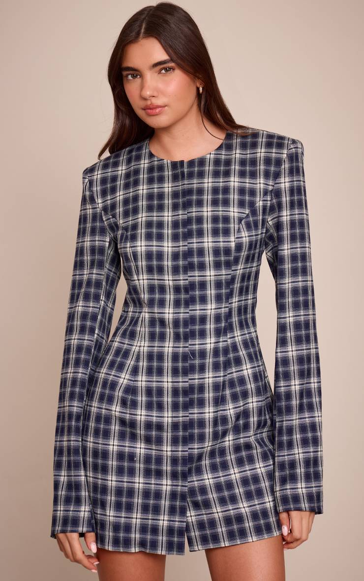 Bleu Marine Robe Blazer Mini À Carreaux Avec Épaulettes