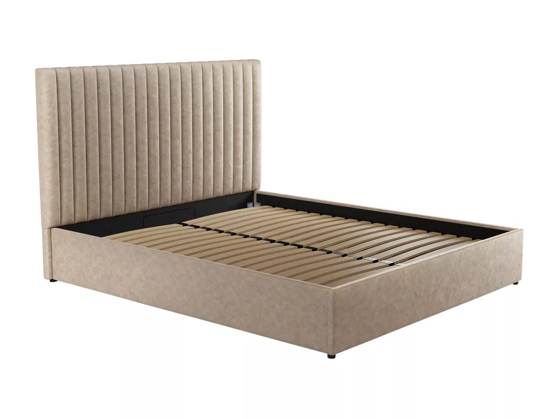 Lit coffre 140 x 190 cm avec tête de lit coutures verticales - Tissu - Taupe - SARAH