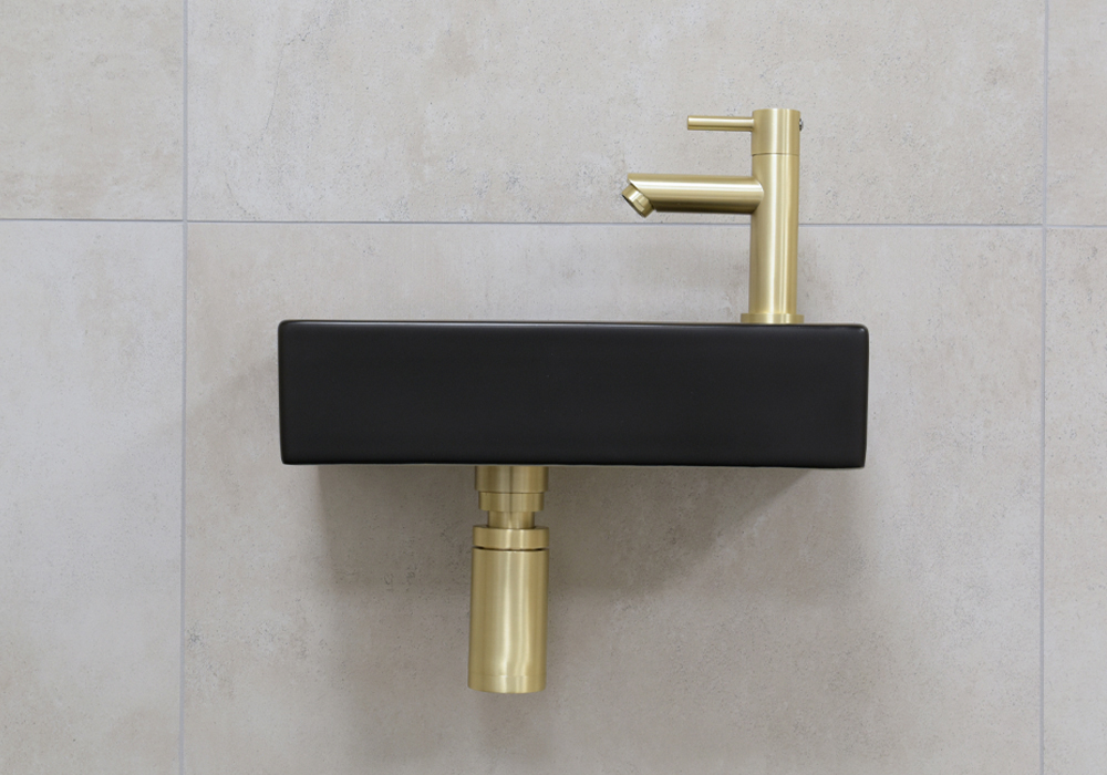 Mueller Mini Rhea 36x18x9cm zwarte fonteinset met kraan goud rechts
