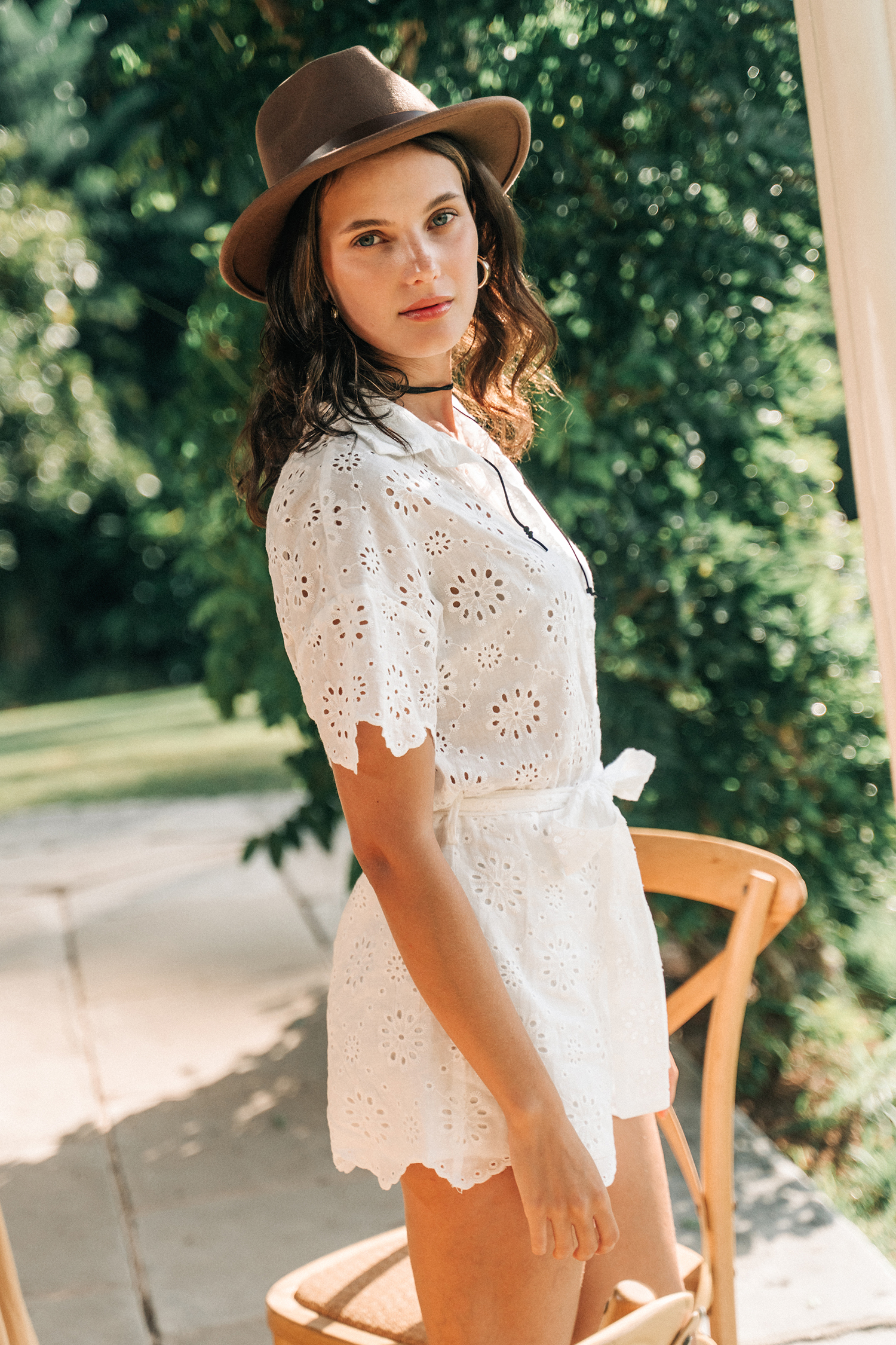 Combishort en pur coton à col chemise et œillets festonnés blanc