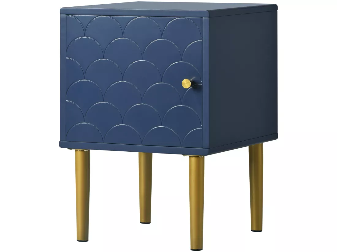 Table de chevet - motif écailles de poisson - pieds plaqués doré - bleu foncé