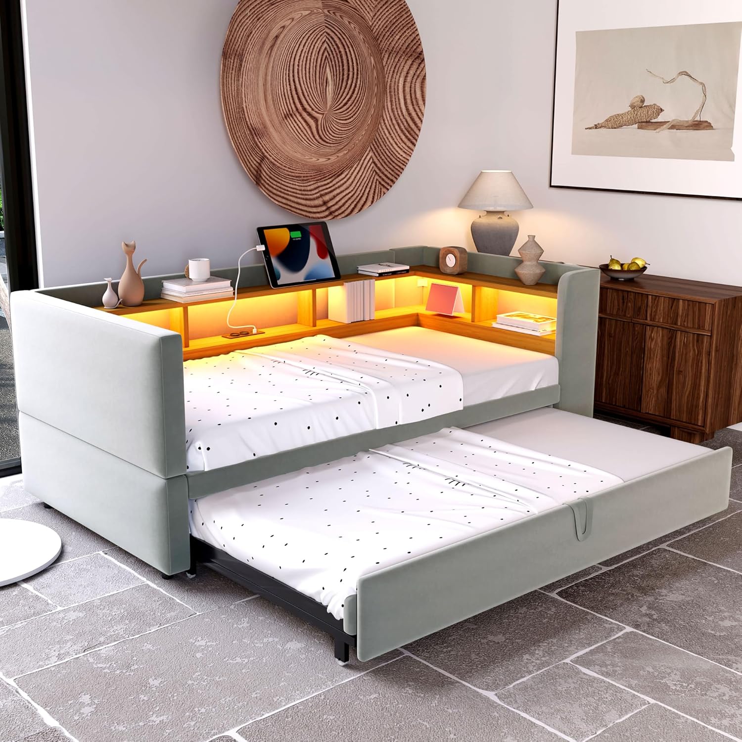 Polsterbett Tagesbett 90/180x190, Schlafsofa mit Ausziehbett&LED Beleuchtung&Steckdosen&Ablagefächern, Bettgestell Einzelbett Doppelbett Funktionsbett Gästebett, Flannelette, Ohne Matratze, Hellgrau