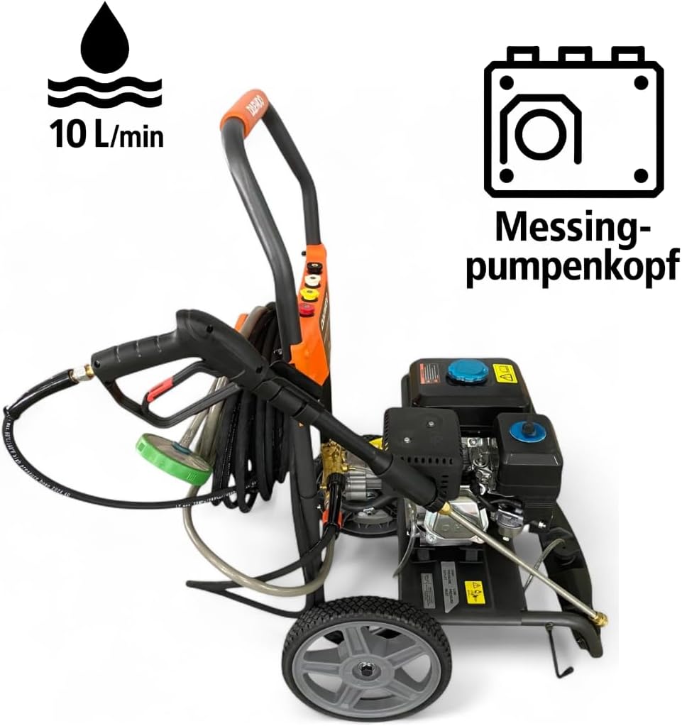Benzin Hochdruckreiniger 207 bar | 12 m Hochdruckschlauch | 7PS Flächenreiniger mit Messing Pumpenkopf | Steinreiniger Profi Hochdruckreiniger | Gewerbe Industriereiniger