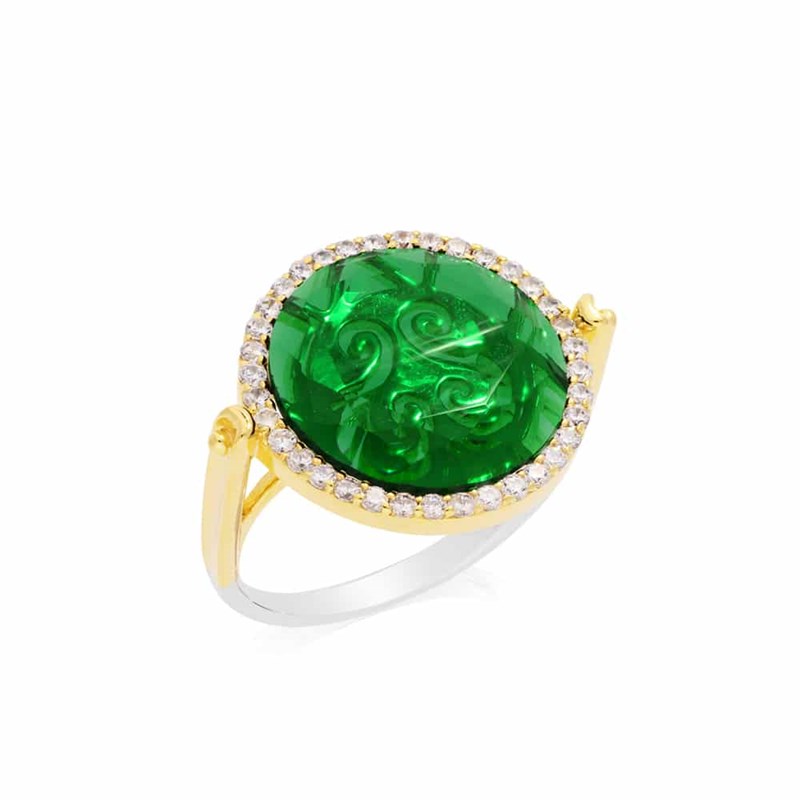 Bague Disque Argent Doré Pierre Verte