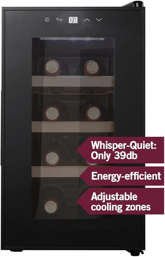 Cavin Weinkühlschrank Freistehender, Northern Collection 8 Schwarz, thermoelektrischer Weinkühlschrank, Platz für 8 Flaschen, Leise und energieeffizient, Eine verstellbare Temperaturzone