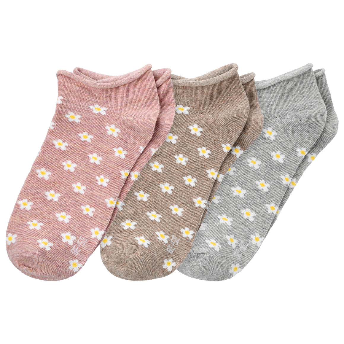 Gina Benotti 3 Paar Damen Socken mit Blumen-Allover rosa / hellbraun / hellgrau