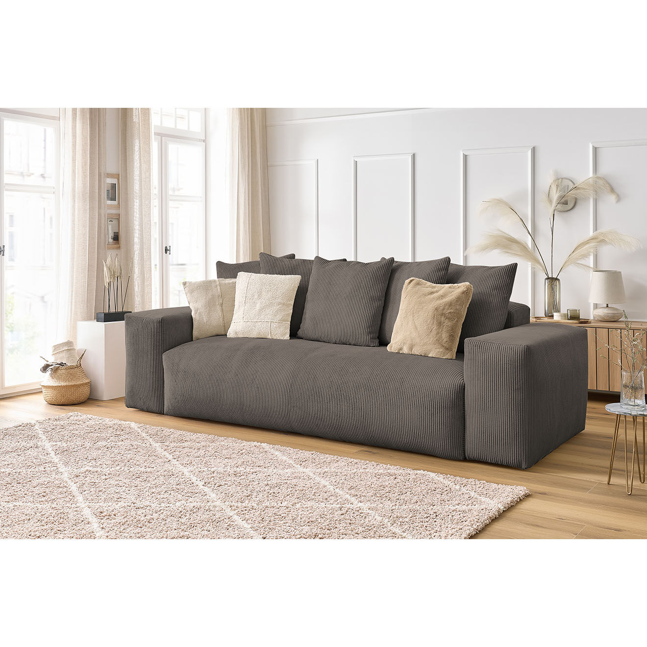 Bobochic Canapé droit fixe 3 places ultra moelleux voltaire velours côtelé taupe - 280x124x75 cm
