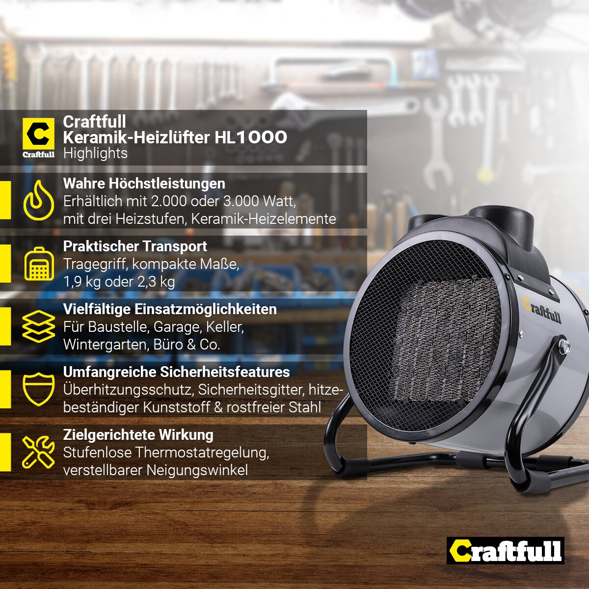 Craftfull Keramik-Heizlüfter HL1000, 2000/3000 Watt, Überhitzungsschutz, Thermostat, Tragegriff (3000 Watt)