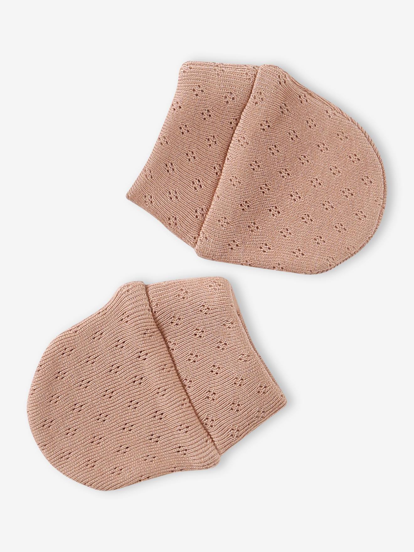 Conjunto para recém-nascida: gorro + luvas + sapatinhos + bolsa de tecido cappuccino