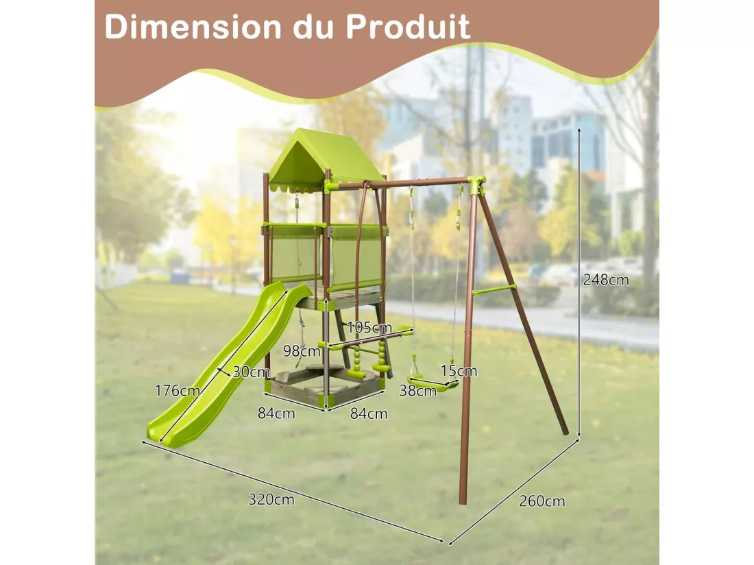 7 en 1 Aire de Jeux Portique en Bois avec Toboggan & Balançoire Réglable, Tour d'escalade avec Cabane Couverte & Échelle & Bac à Sable, Cadre en Métal pour Jardin pour Enfant de 3-12 Ans