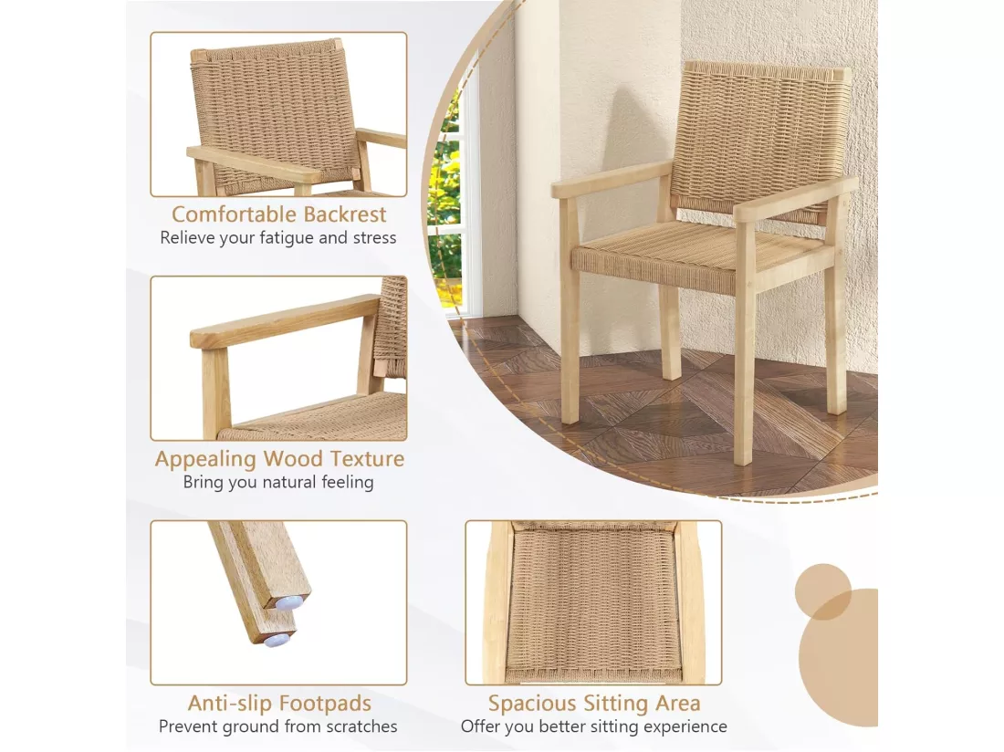 Ensemble de 2 Chaises de Jardin avec Cadre en Bois Massif, Chaises de Salle à Manger pour Patio avec Siège en Corde Tressée, Chaises d'Extérieur pour Balcon, Porche, Salon