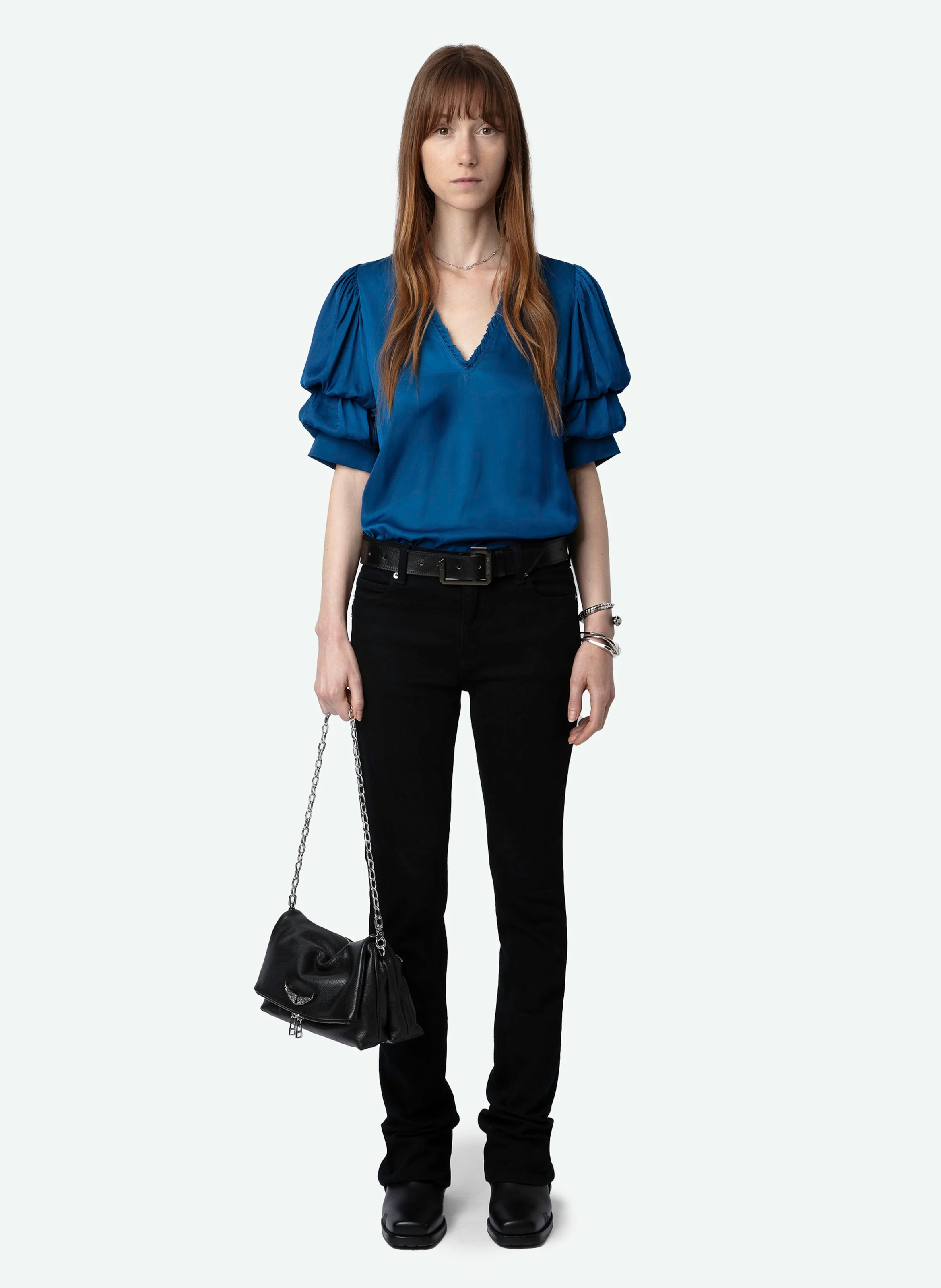 TASTE - Blouse droite col V en fibres recyclées mélangées | Bleu