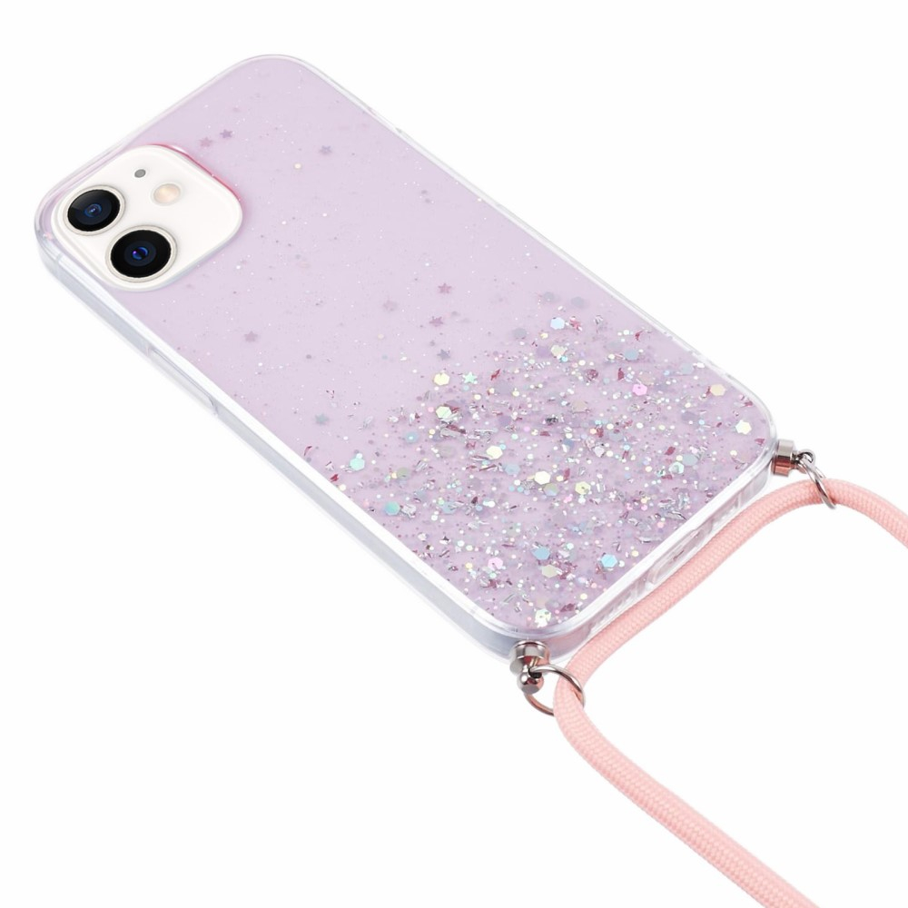 iPhone 12 / iPhone 12 Pro Necklace Gummi Hülle im Glitzer Design   Handykette (140cm) - Rosa / Transparent