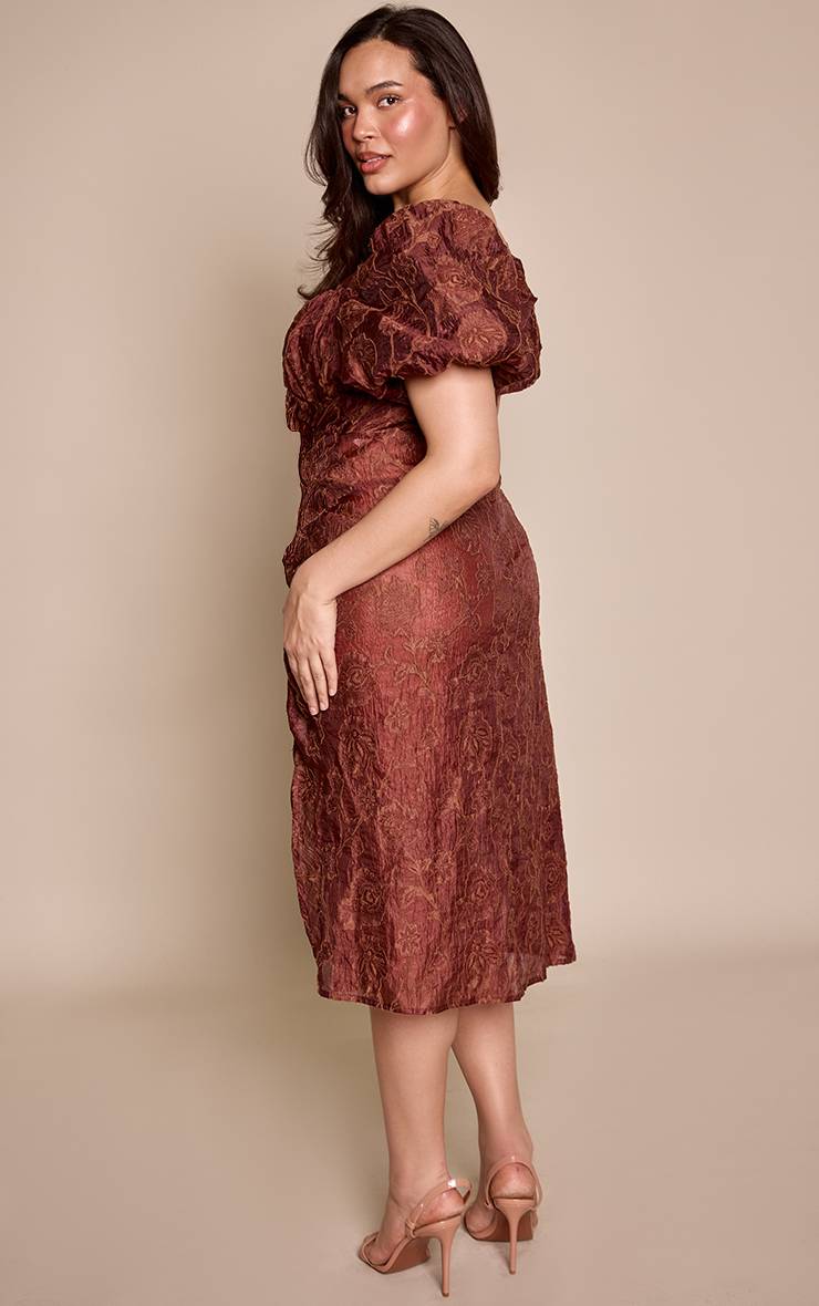Chocolat Robe Midi Grande Taille En Jacquard À Manches Bouffantes Avec Fronces Et Fente Latérale