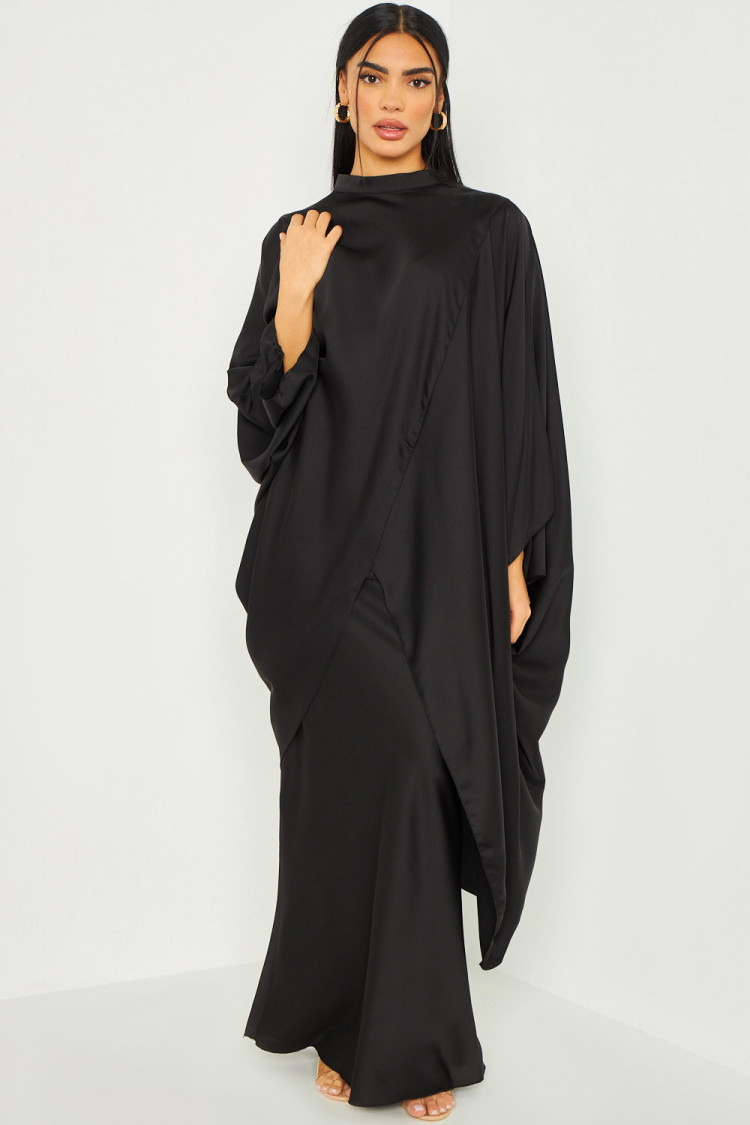 Ensemble 2 pièces tunique + jupe longue satiné noir