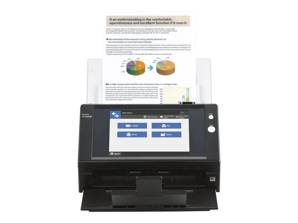 Ricoh Image Scanner N7100E - Dokumentscanner - Dual CIS - Duplex - 216 x 355.6 mm - 600 dpi x 600 dpi - op til 25 ppm (mono) / op til 25 ppm (farve) - ADF (50 ark) - op til 4000 scanninger pr. dag - Gigabit LAN
