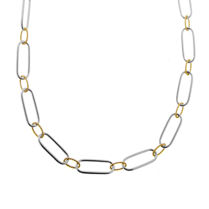 Collier Argent Et Doré Grosse Maille Et Lisse Et Diamanté