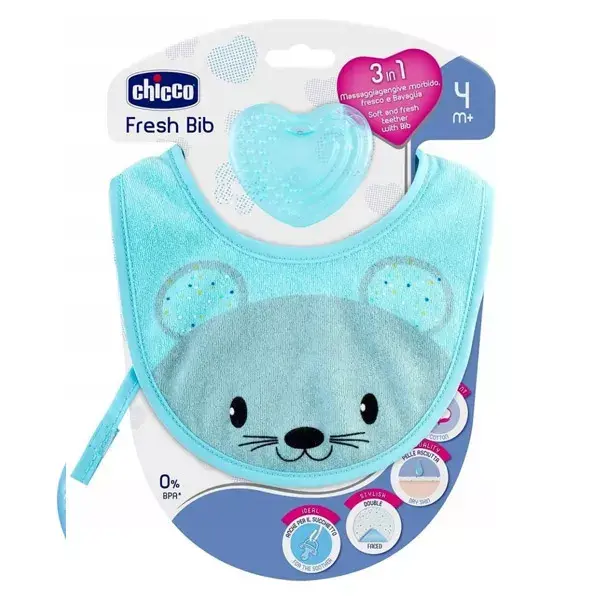 Babador Chicco Fresh com anel de dentição +4 meses Azul