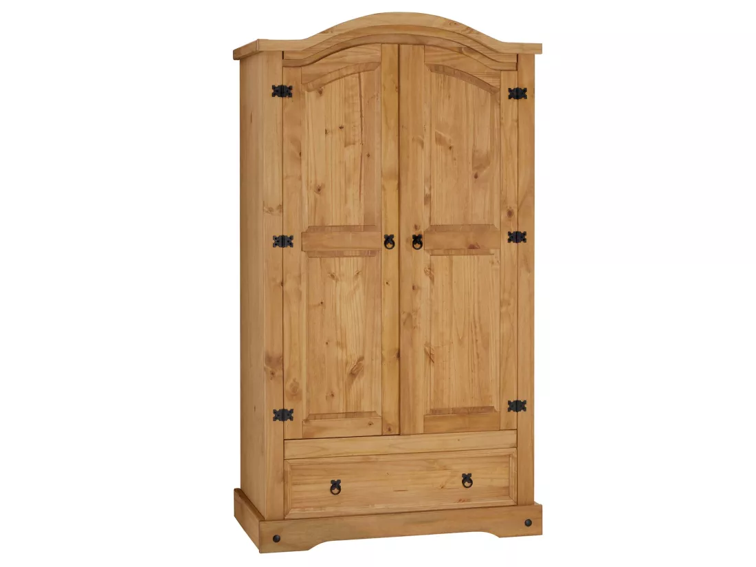 Armoire SALSA penderie pour vêtements style mexicain avec 2 portes 1 étagère 1 tiroir, en pin massif finition teintée/cirée