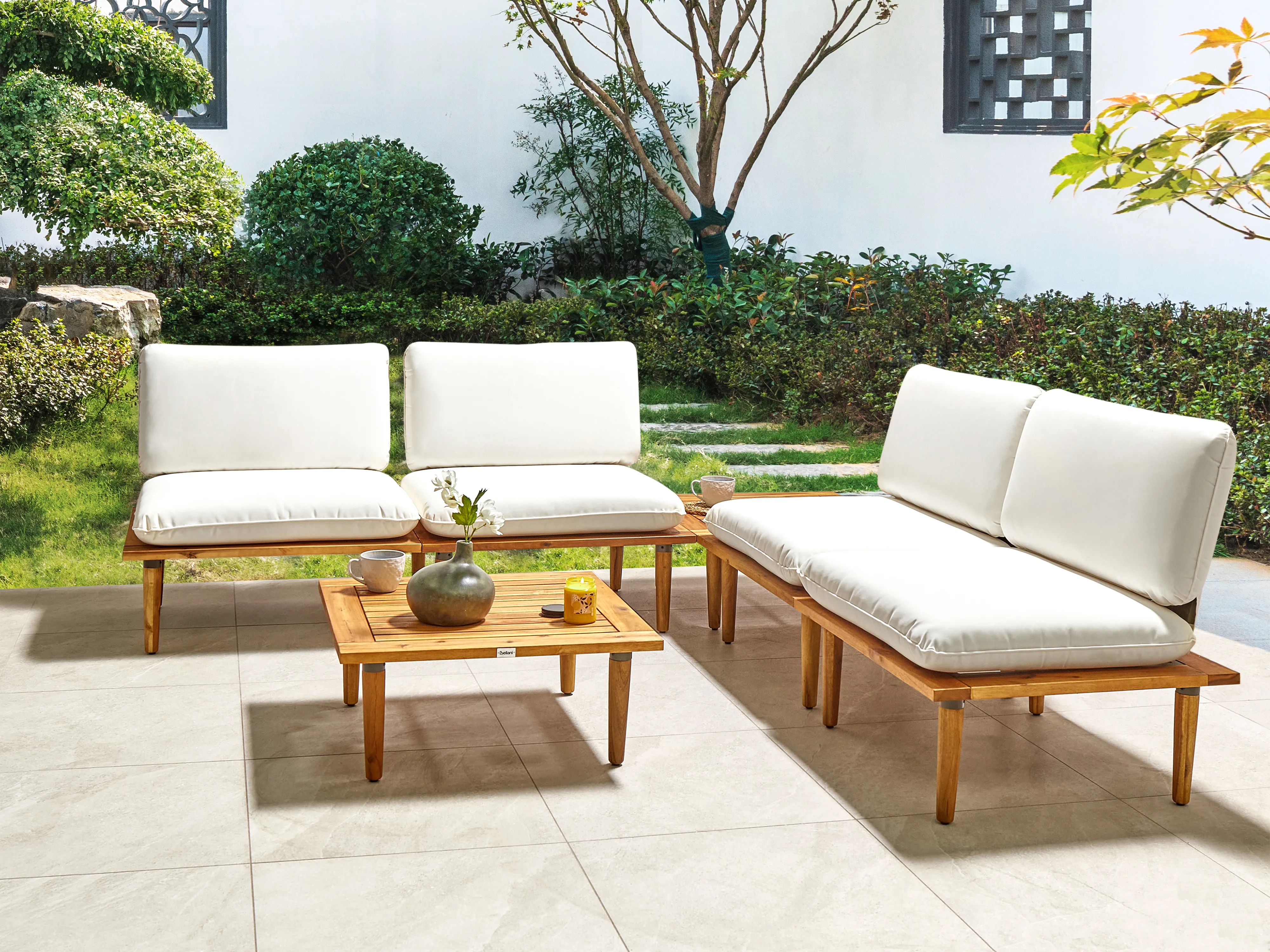 Loungeset met tafel 4-zits FRASCATI modulair Gecertificeerd acaciahout Gebroken wit