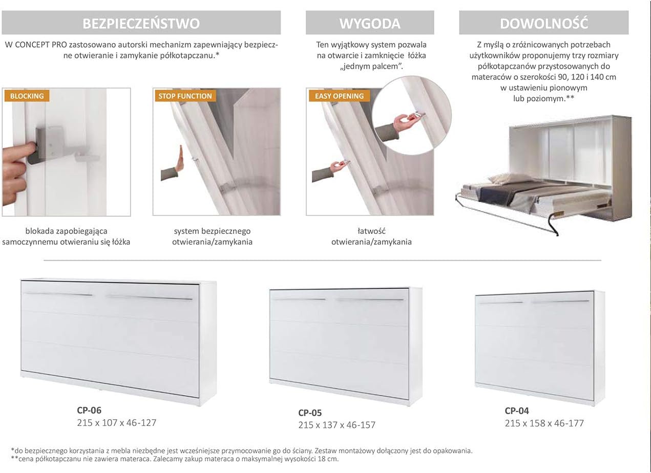 BIM Furniture Wandbett Vertical Schrankbett LENART Concept PRO Wandklappbett, Schrankklappbett Wandbett, Schrank mit integriertem Klappbett, Funktionsbett (Weiß Matt, 140 x 200 cm)